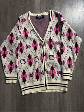 Hello Kitty Cream Cardigan with Pink and Magenta Argyle